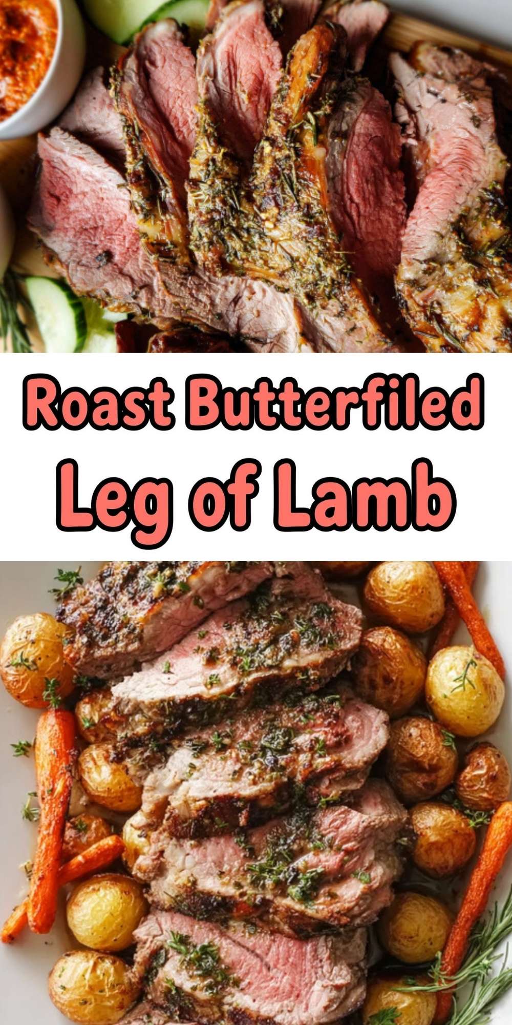 Close-up of tender herb-crusted lamb slices on a wooden board, served with fresh cucumber and dipping sauces