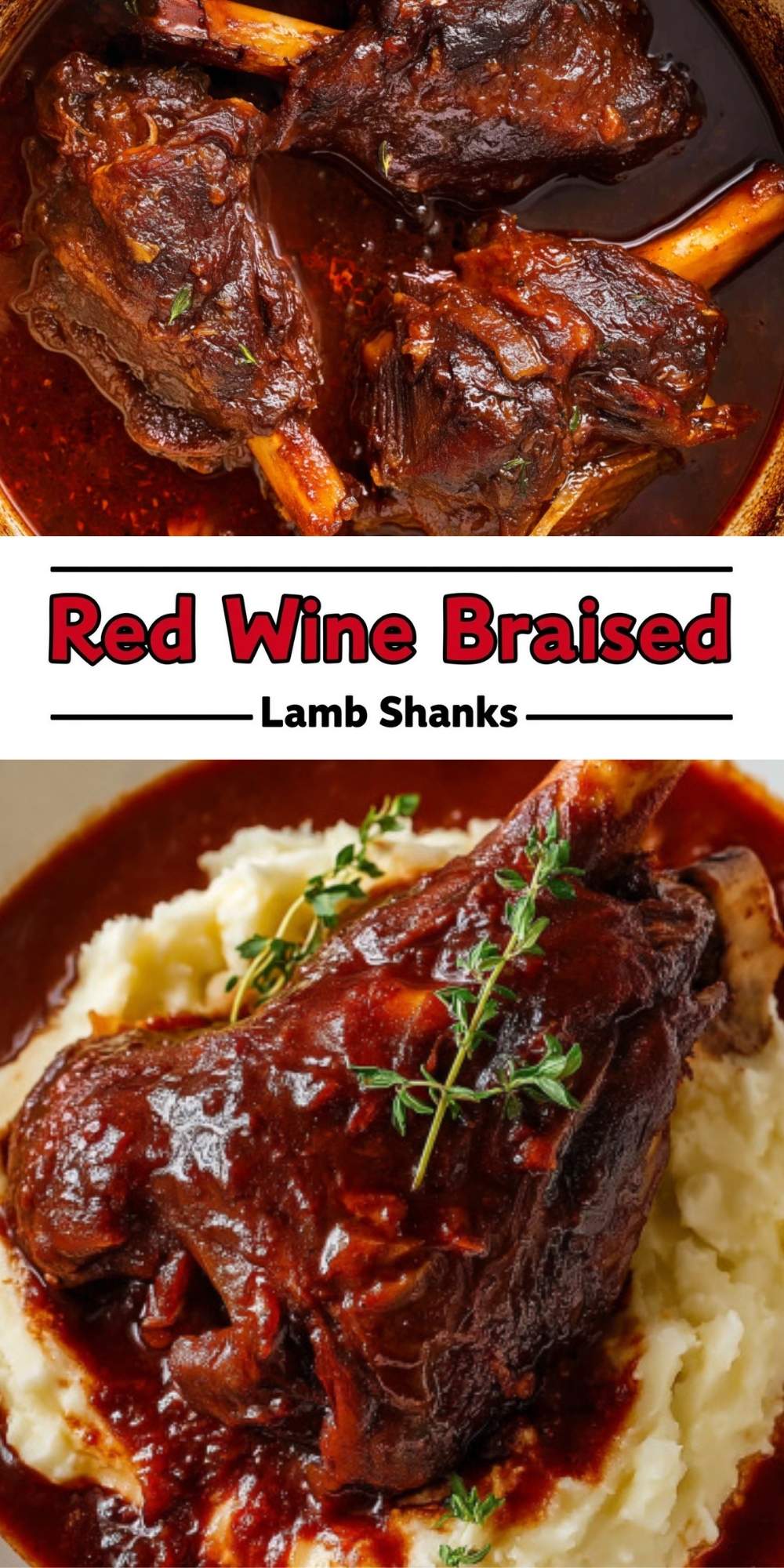 Tender lamb shanks braised in a rich red wine sauce, served over creamy mashed potatoes and garnished with fresh herbs. Cozy comfort food perfect for special dinners and holidays.