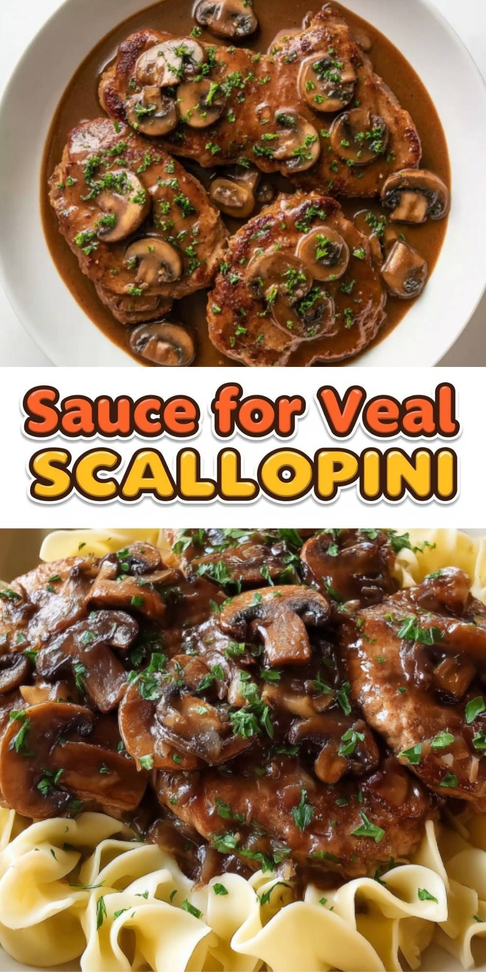 Veal scallopini covered in rich Marsala mushroom sauce, served with fresh herbs and egg noodles, classic Italian comfort food