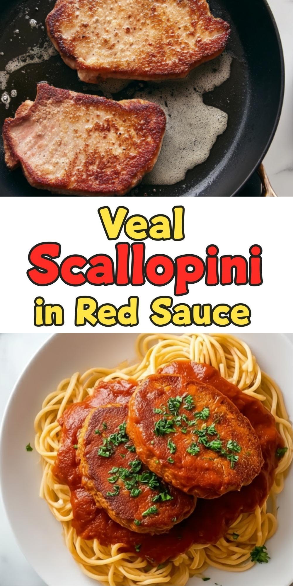 Collage showing golden seared veal scallopini in a skillet and a plate of spaghetti topped with veal scallopini and homemade red sauce, sprinkled with parsley. Perfect for Italian comfort food, family meals, and easy weeknight dinners.