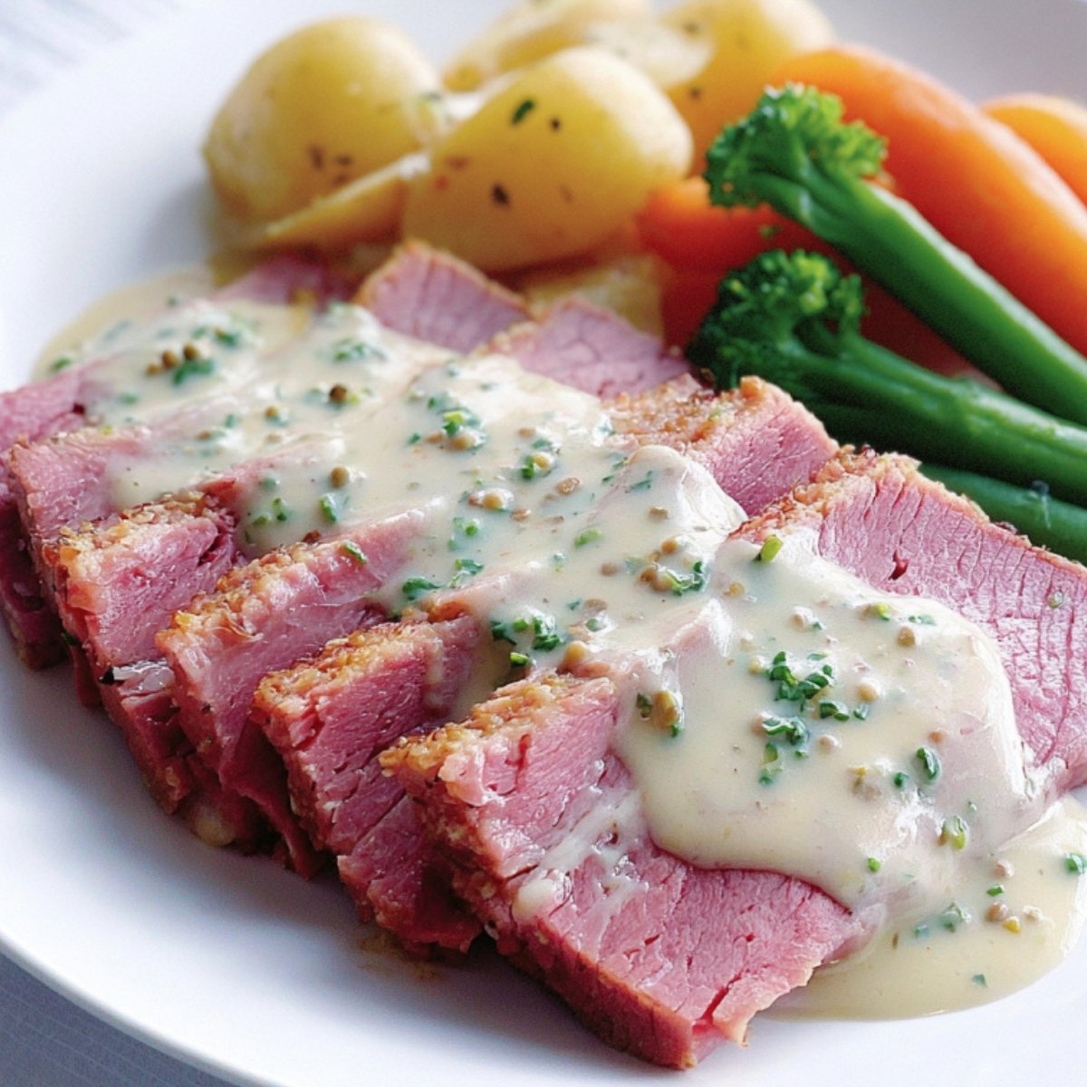 Plated corned beef with white sauce, potatoes, carrots, and green beans for the ultimate comfort food dinner.