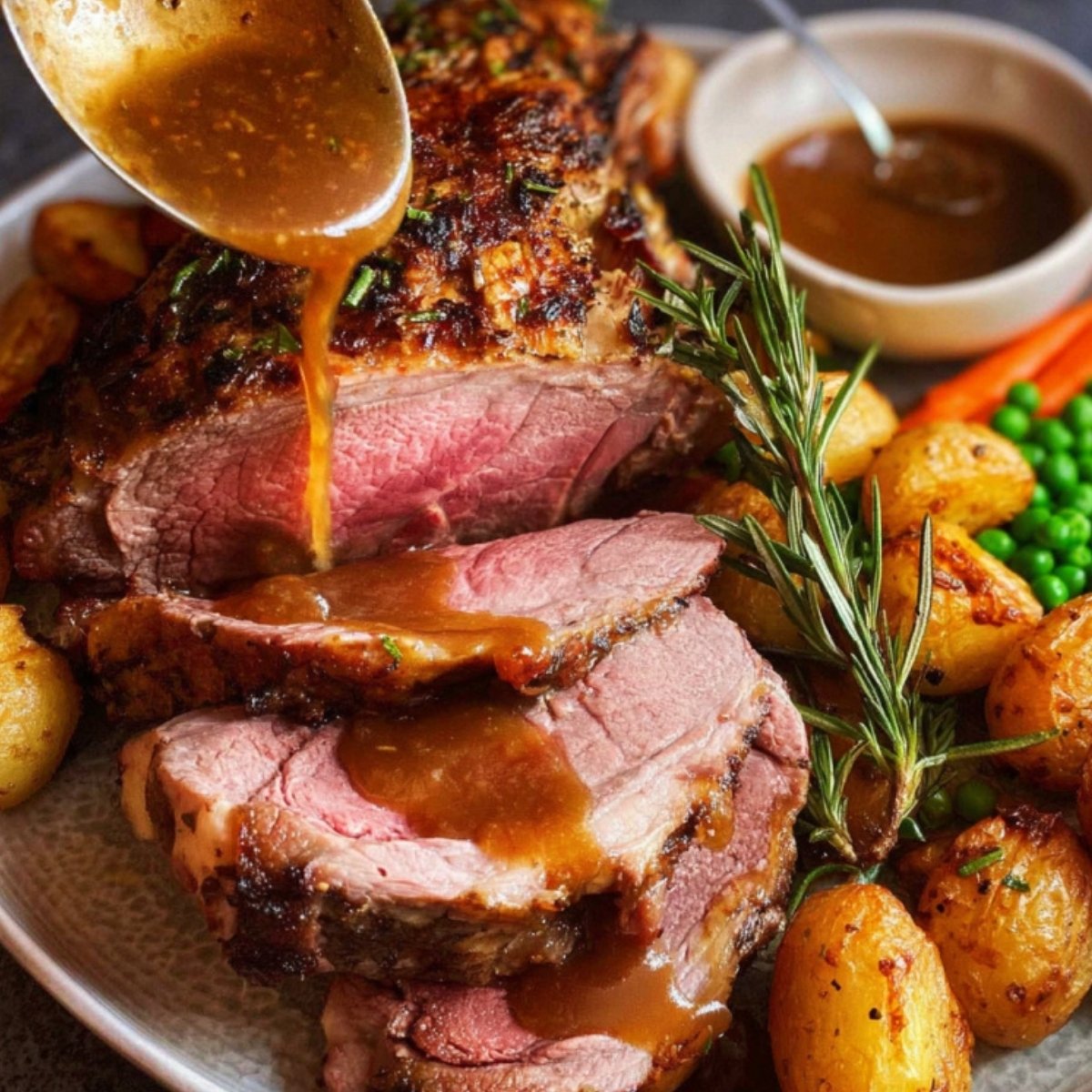 Rich brown gravy being poured over sliced roast leg of lamb with rosemary garnish