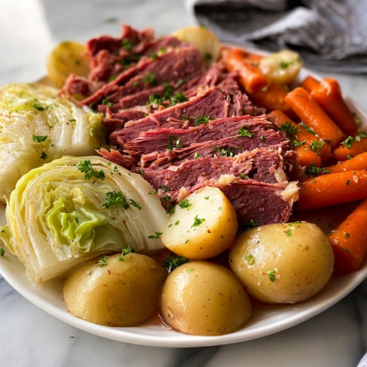 A large platter with sliced corned beef, steamed cabbage wedges, carrots, and baby potatoes, perfect for Sunday supper or St. Patrick’s Day gatherings.
