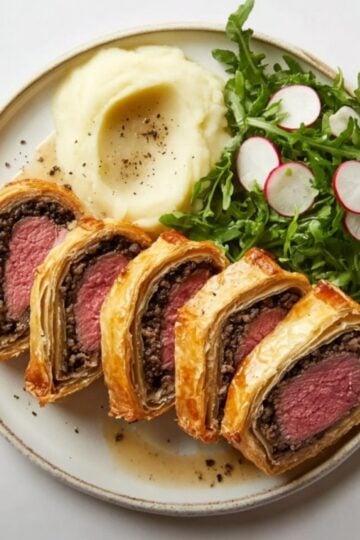 Four slices of homemade Beef Wellington on a plate with creamy mashed potatoes and arugula salad. A festive and impressive centerpiece for entertaining or Christmas dinner.