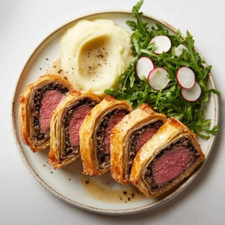 Four slices of homemade Beef Wellington on a plate with creamy mashed potatoes and arugula salad. A festive and impressive centerpiece for entertaining or Christmas dinner.
