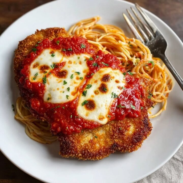 Crispy veal Parmesan on spaghetti with tomato sauce and melted mozzarella, perfect Italian comfort food dinner