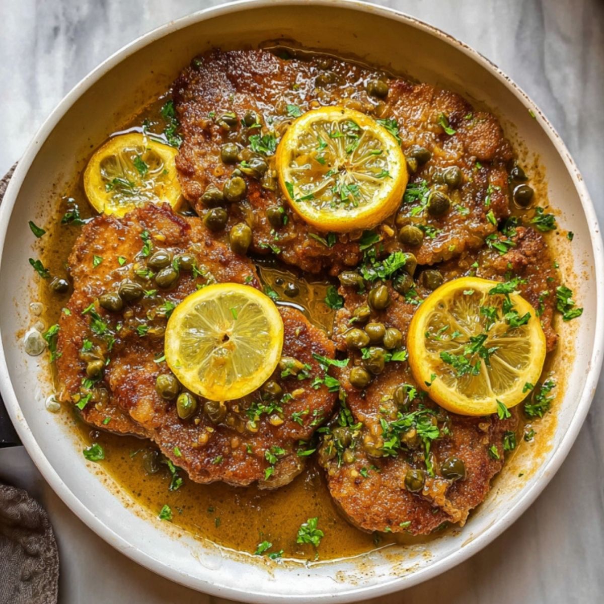Large pan of veal piccata with plenty of lemon slices, capers, and fresh green parsley. Ideal for holiday meals, Sunday supper, or easy entertaining.