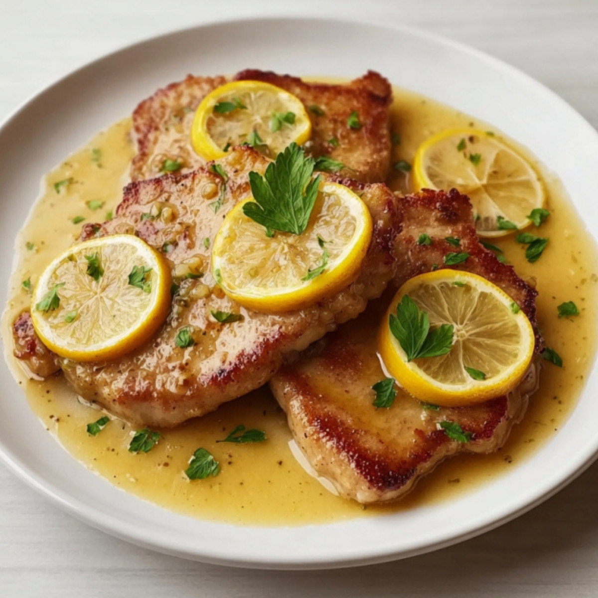 Plate of veal scallopini with roasted potatoes, fresh parsley, and zesty lemon slices. The best veal recipe for family dinners or special occasions.