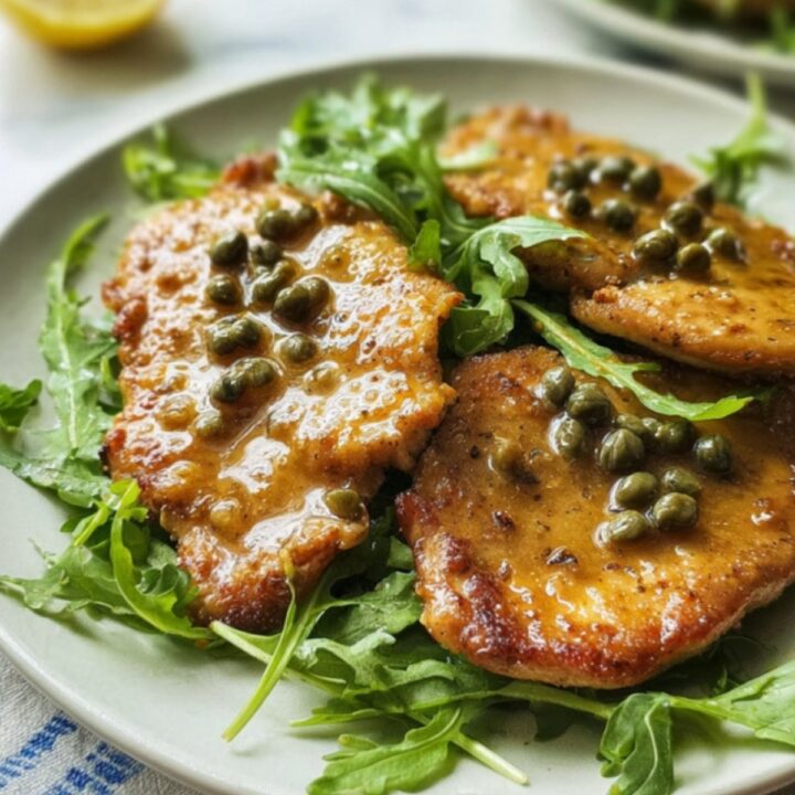 Closeup of veal scallopini with lemon caper sauce on fresh arugula, an easy spring dinner recipe.