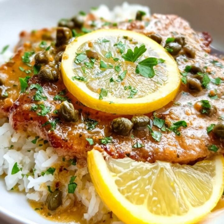 Veal scallopini served over rice, topped with lemon slices, capers, and parsley. Bright, fresh, and classic Italian dinner.