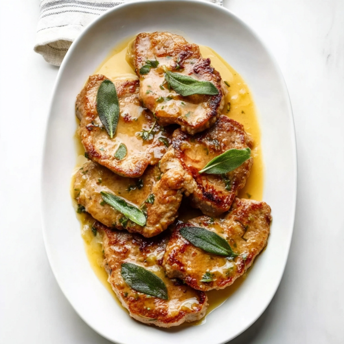 A top-down view of cooked veal scallopini with a rich butter sauce and fried sage garnishes.