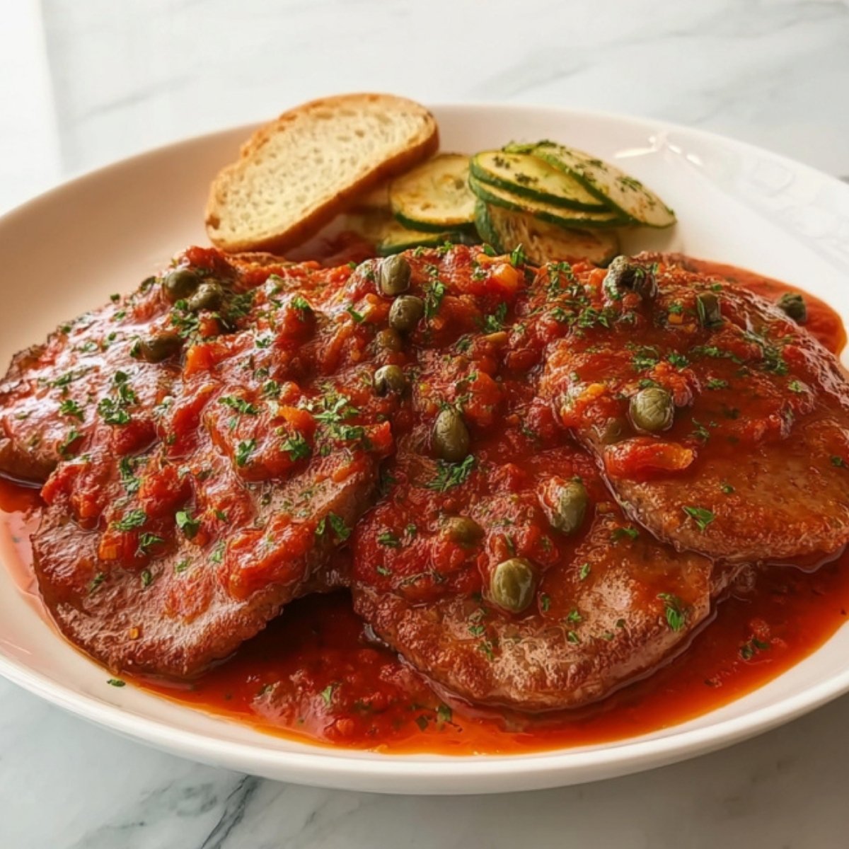 Close-up of veal scallopini covered in chunky tomato sauce and capers, served with zucchini and crusty bread for a cozy dinner.