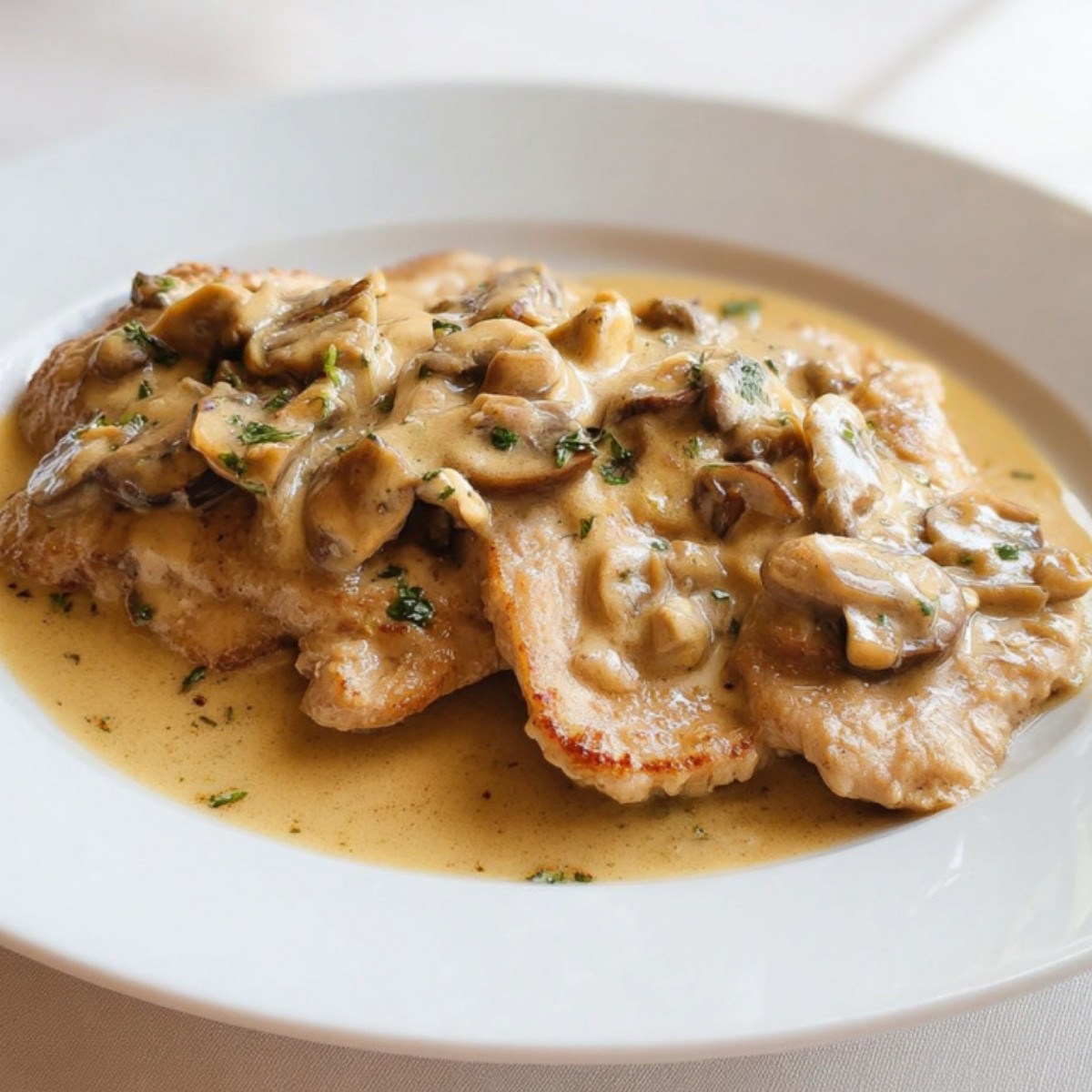 Tender veal scallopini smothered in rich mushroom cream sauce. Italian comfort food recipe, perfect for cozy fall and winter meals.