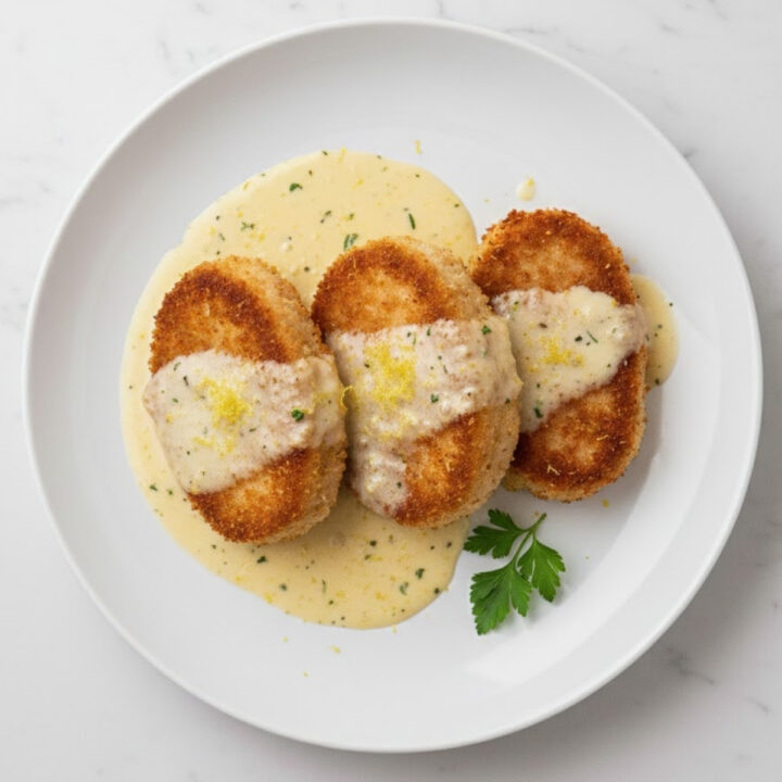 Three golden veal scallopini cutlets topped with lemon cream sauce on a white plate