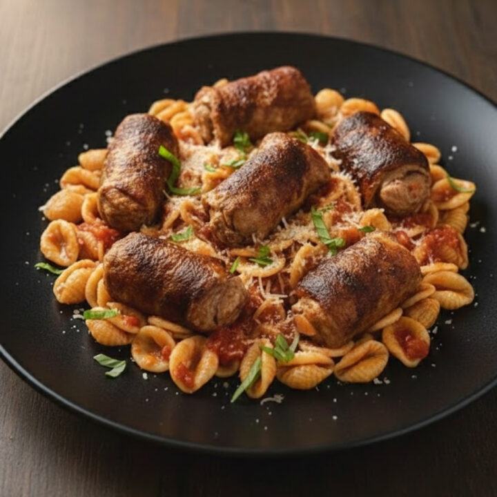 Italian beef braciole rolls served over orecchiette pasta with tomato sauce and fresh basil on a black plate.