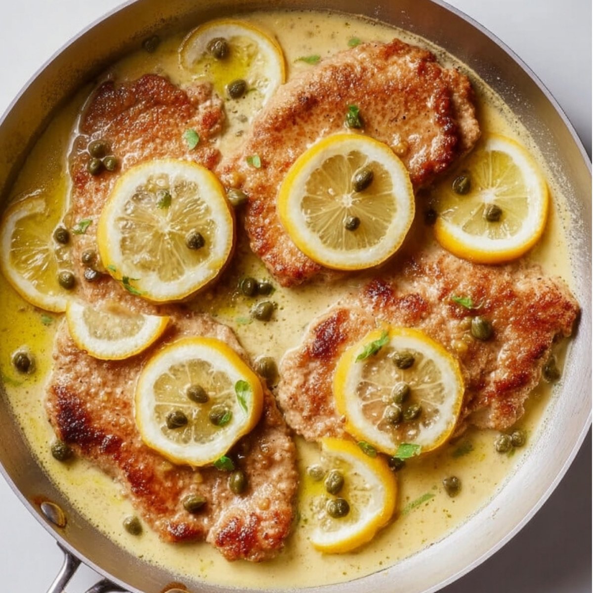 Pan of Italian veal scallopini with fresh lemon slices and capers in creamy sauce. Classic family dinner ready in minutes.
