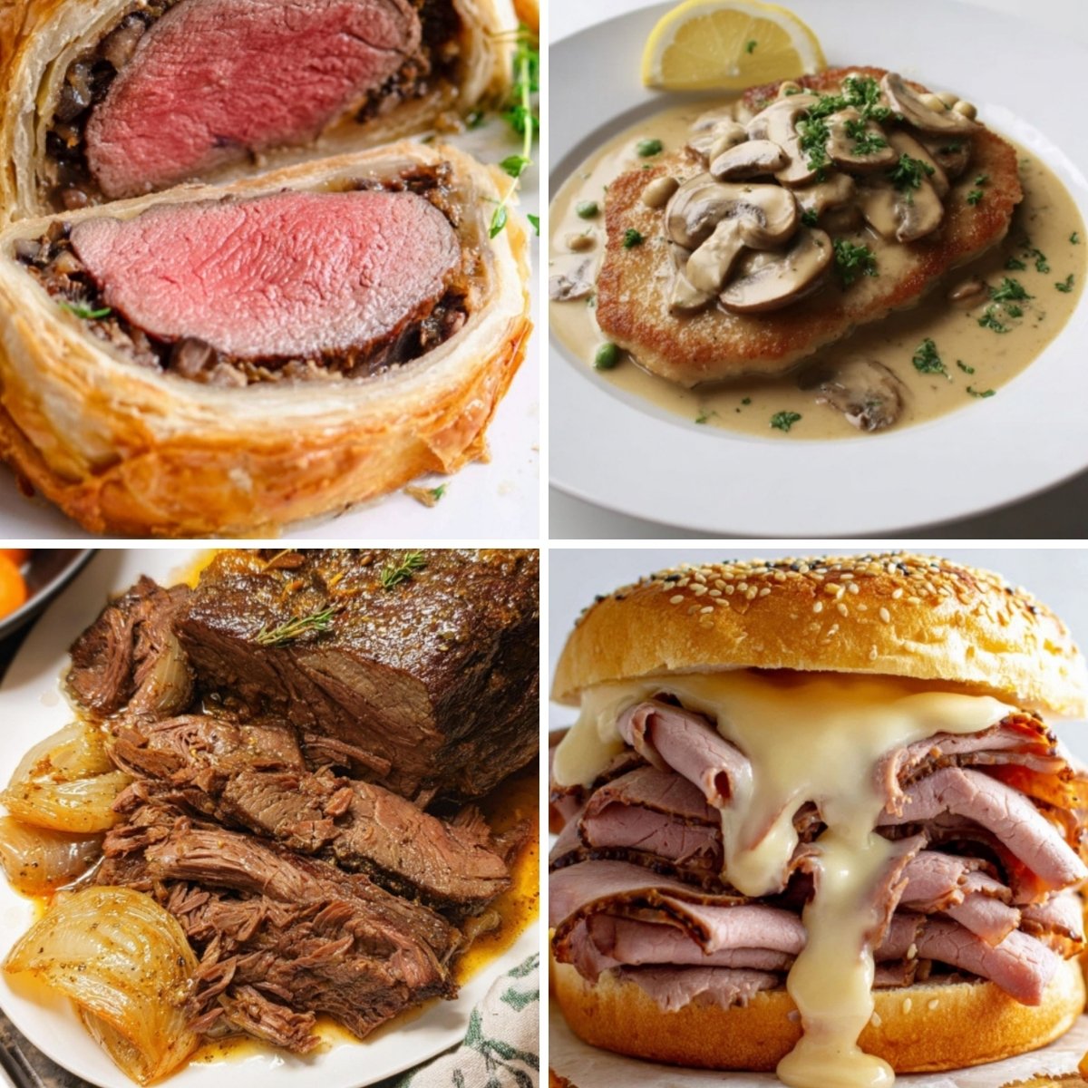 Classic beef dinners featuring Beef Wellington, veal scallopini with mushroom cream sauce, slow-cooked roast beef with onions, and a hot roast beef sandwich topped with melted cheese.