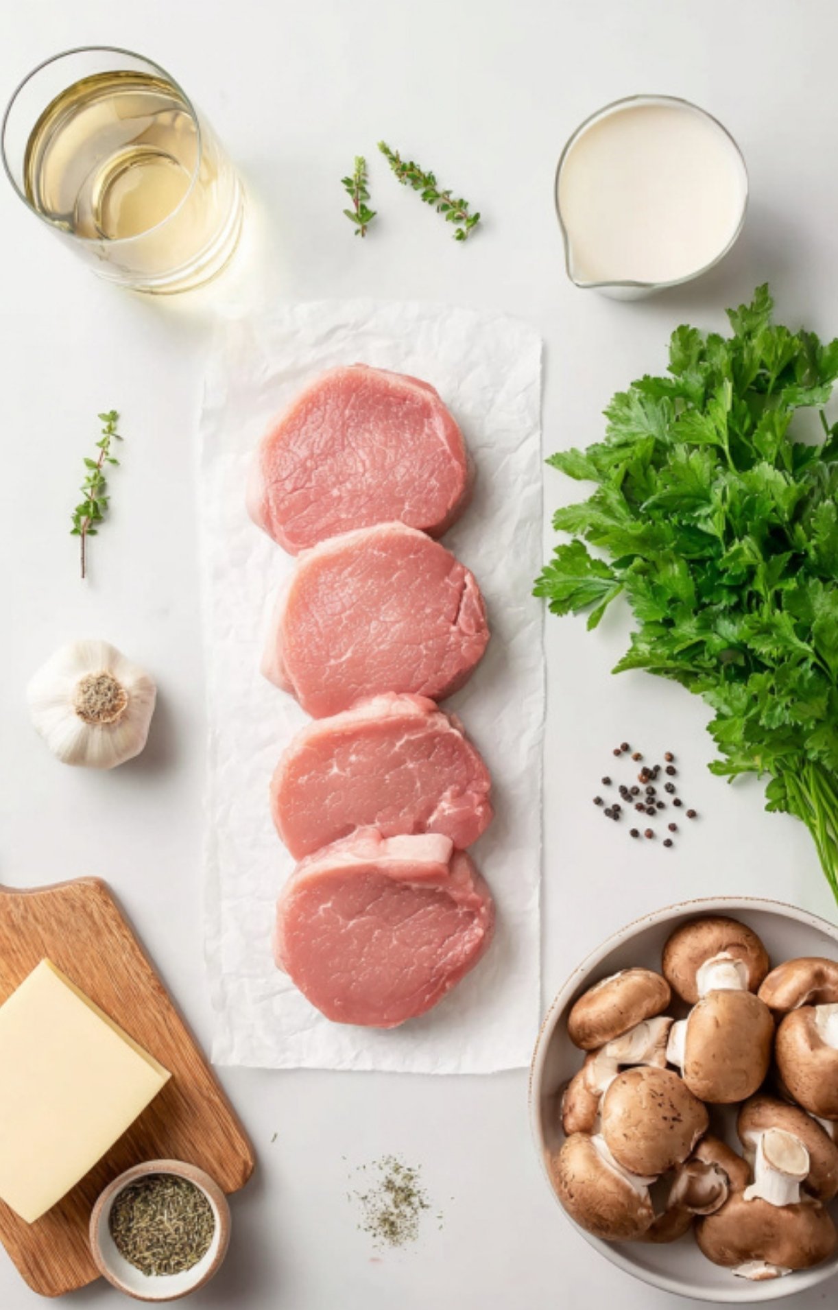 Fresh veal cutlets, mushrooms, garlic, herbs, cream, and seasonings arranged on a white surface for veal scallopini with creamy mushroom sauce. Classic Italian comfort food ingredients for an easy homemade dinner.