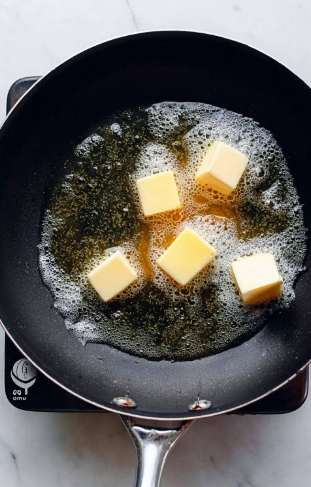 Cubed butter melting in a pan, the first step for rich lemon butter sauce in veal scallopini piccata.