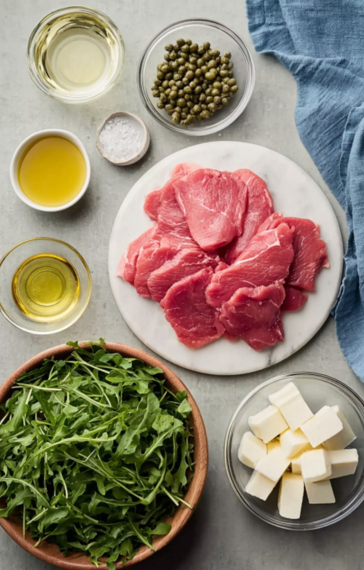 All the ingredients for veal scallopini lemon capers, including veal, capers, arugula, butter, and lemon, set out for easy prep.