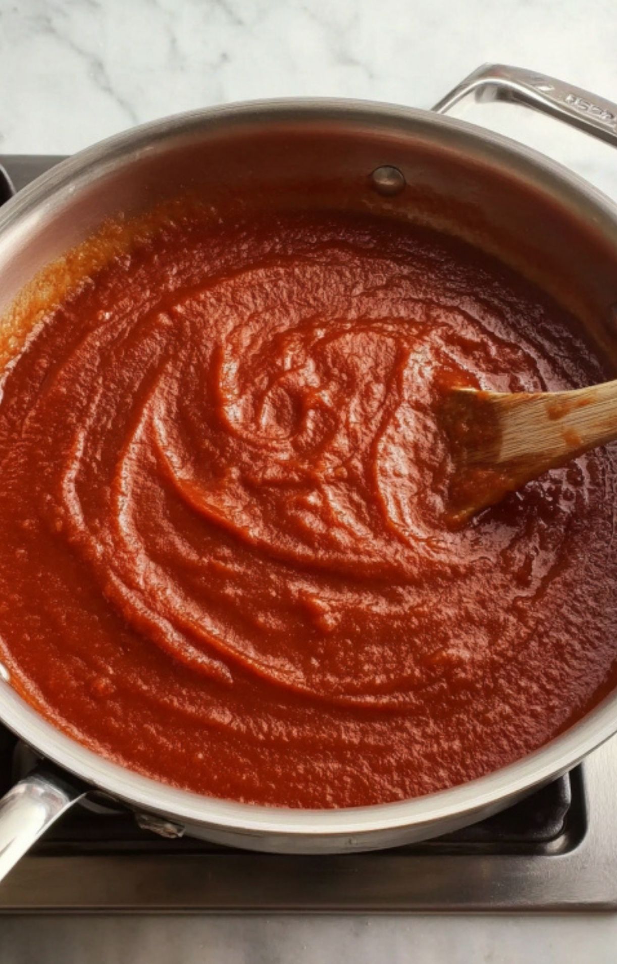 A saucepan filled with smooth tomato sauce being stirred with a wooden spoon, ideal for veal scallopini and pasta dishes.