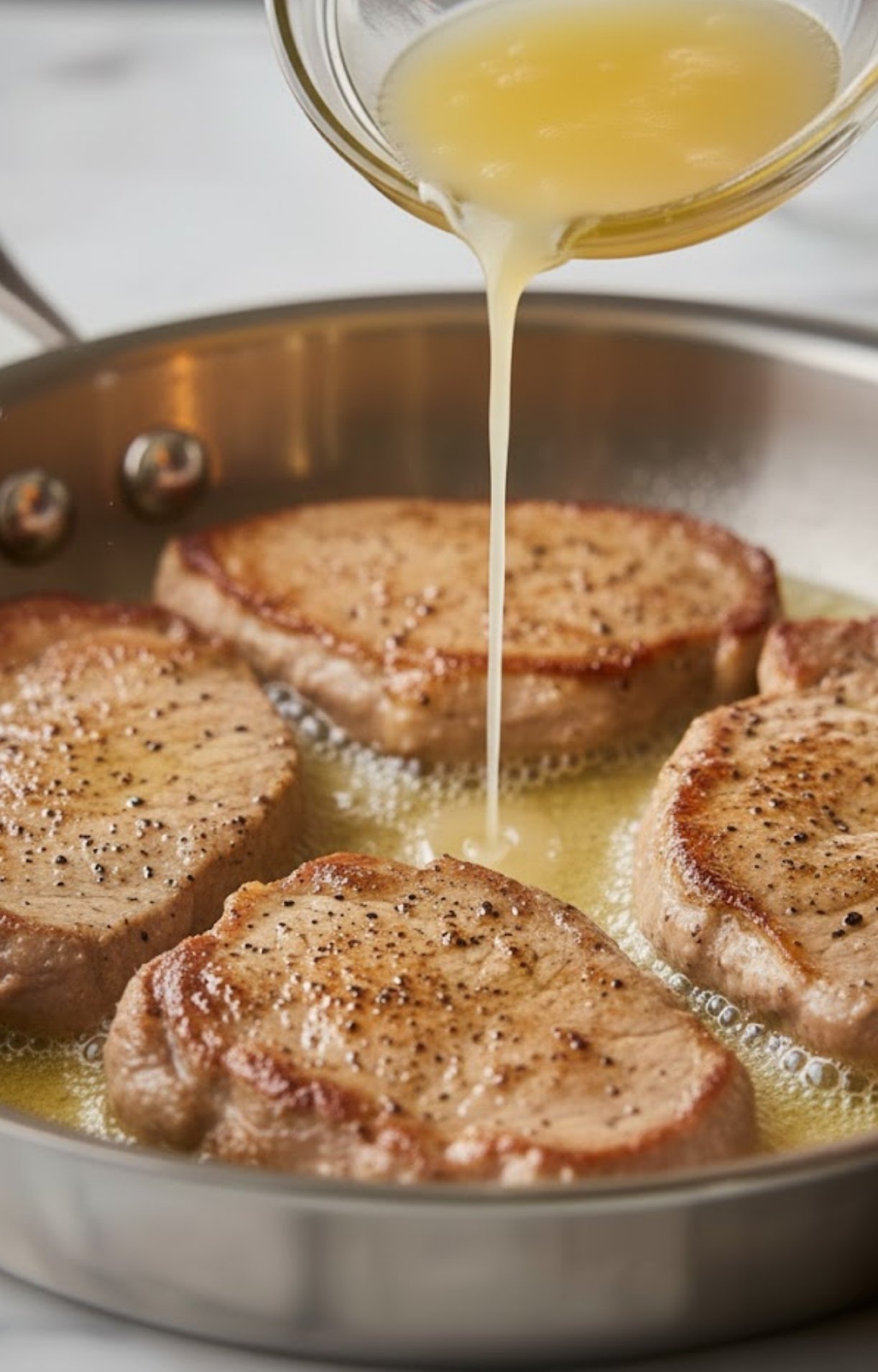 Empty skillet with shimmering butter, ready for cooking veal scallopini. Get that perfect base for your Italian lemon sauce.