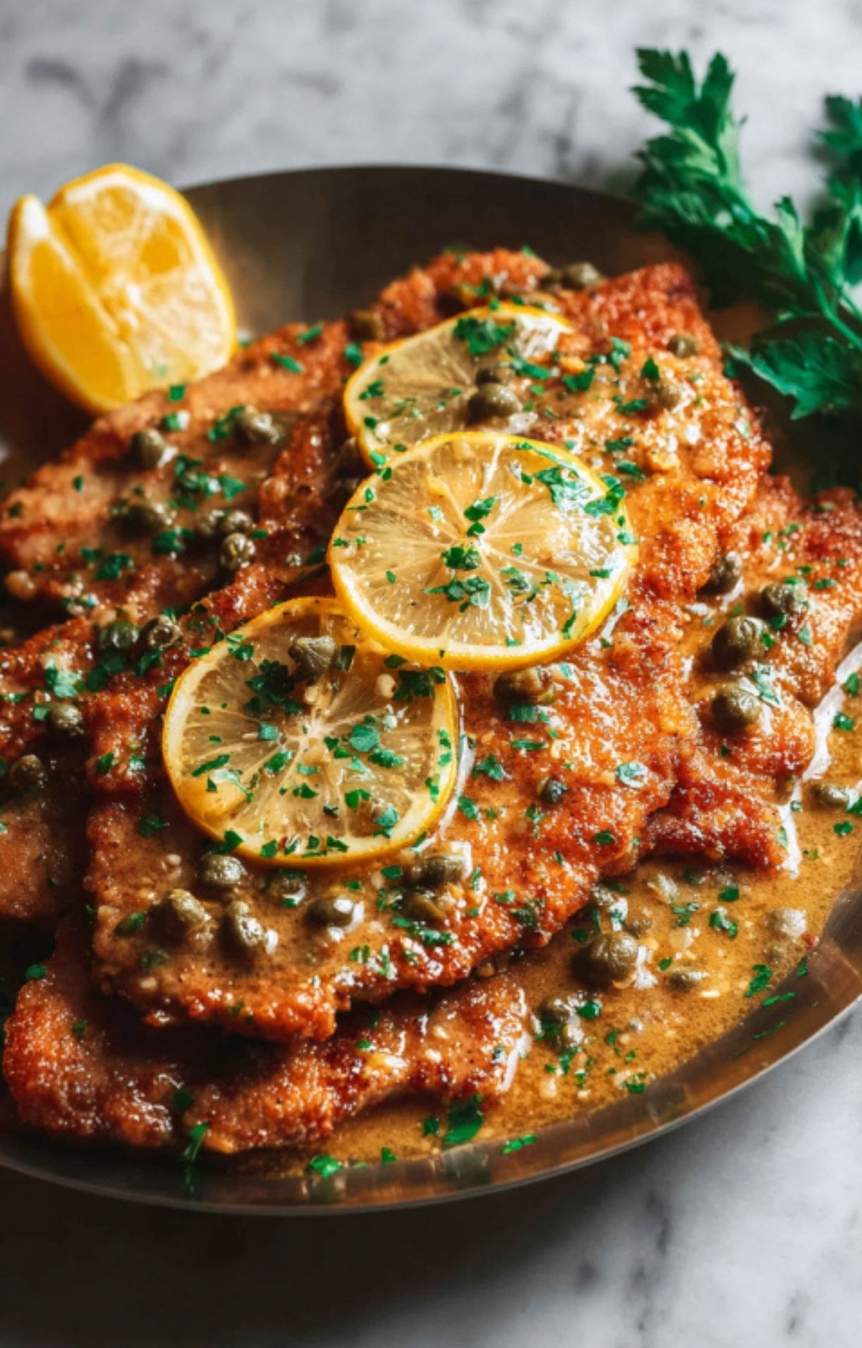 Thin veal cutlet fully coated in flour on a black plate, ready to be pan-seared. Perfect step for easy veal piccata with a delicate crust and lemon caper sauce.