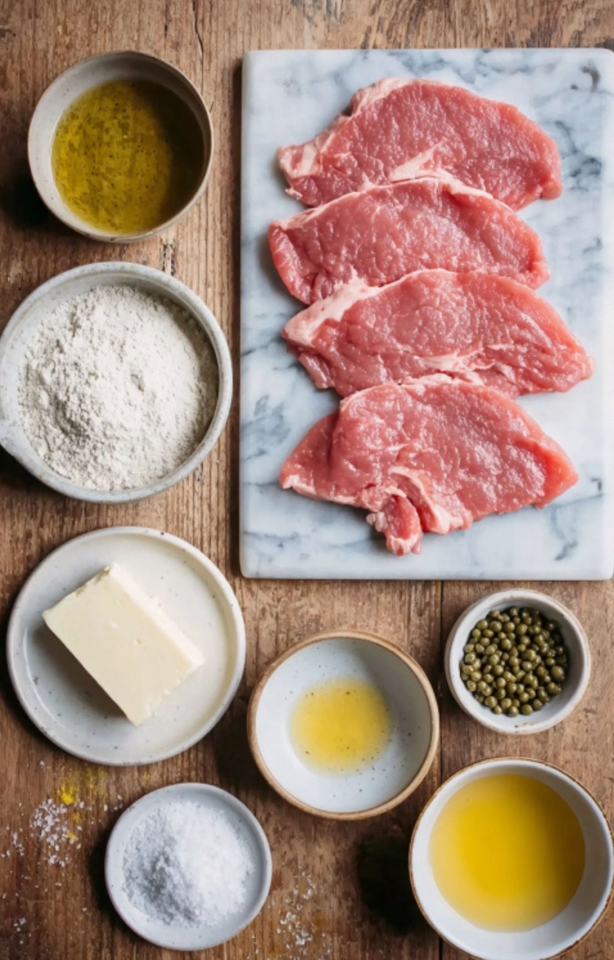 An overhead view of raw veal cutlets, flour, butter, capers, lemon juice, and olive oil prepared for making Veal Scallopini in Lemon Sauce.
