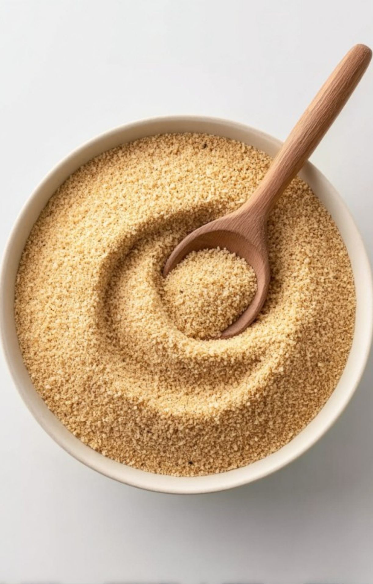 A bowl filled with golden seasoned bread crumbs, with a wooden spoon resting inside.