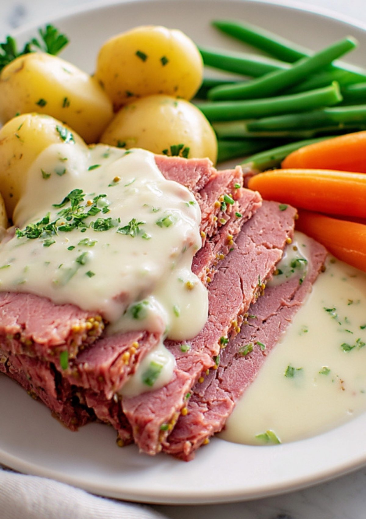 Sliced corned beef with creamy sauce, baby potatoes, carrots, and green beans for a cozy family meal.