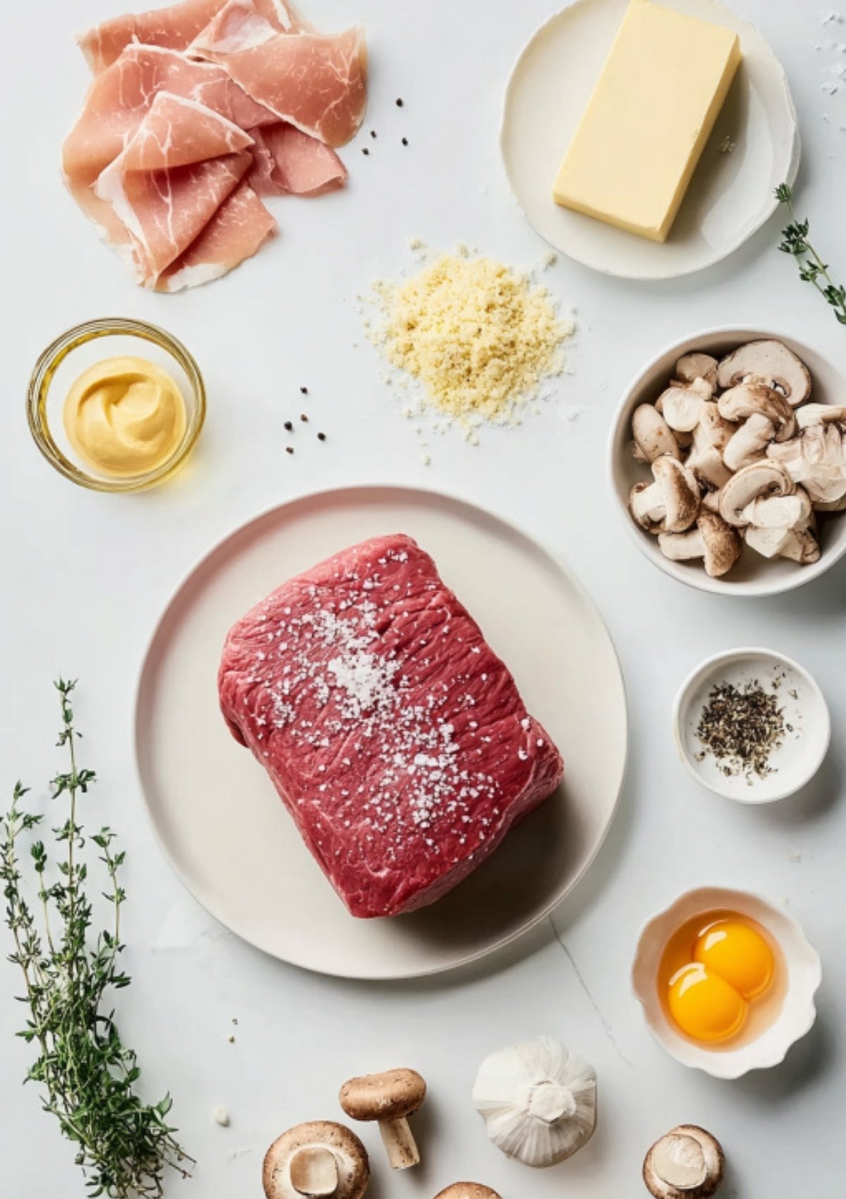 Flat lay of ingredients for making Beef Wellington, including beef fillet, mushrooms, prosciutto, butter, eggs, and fresh thyme. Everything needed for a classic holiday or special occasion meal.