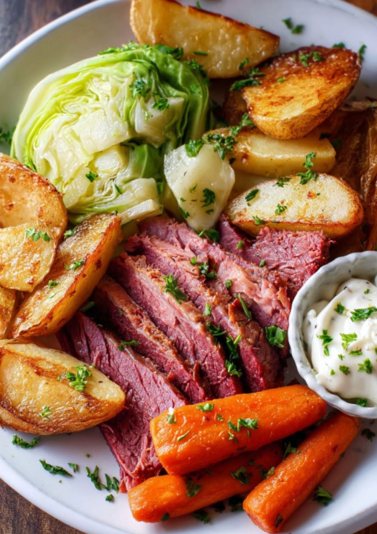 Hearty slices of corned beef paired with sautéed cabbage, roasted potato wedges, and sweet carrots, all garnished with fresh parsley for a cozy, festive meal.