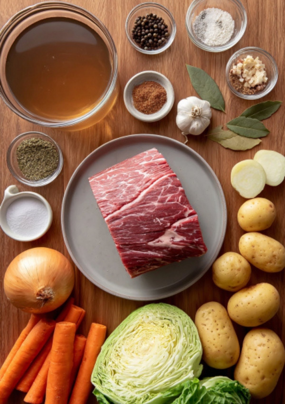 All the ingredients for corned beef and cabbage—brisket, potatoes, carrots, cabbage, onion, broth, garlic, spices—arranged on a wooden surface for simple meal prep.