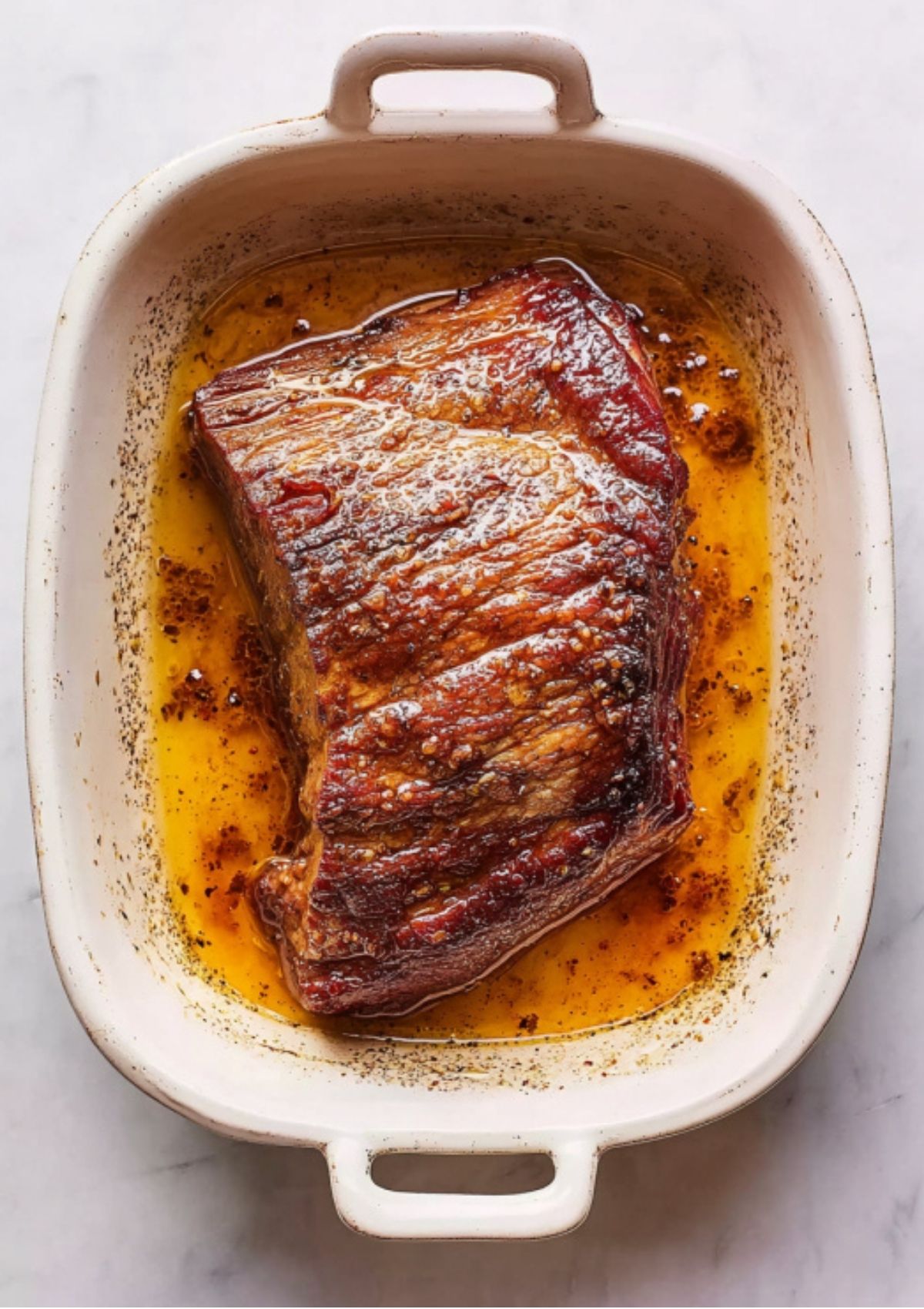 A roasted corned beef brisket in a baking dish, glistening with golden juices and a perfectly browned crust after baking.