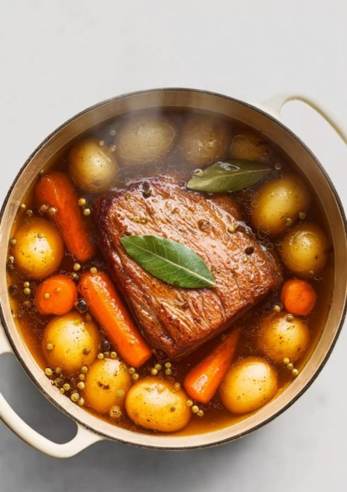 Pot filled with corned beef brisket, golden potatoes, and chunky carrots, all simmering together for a hearty Irish stew.