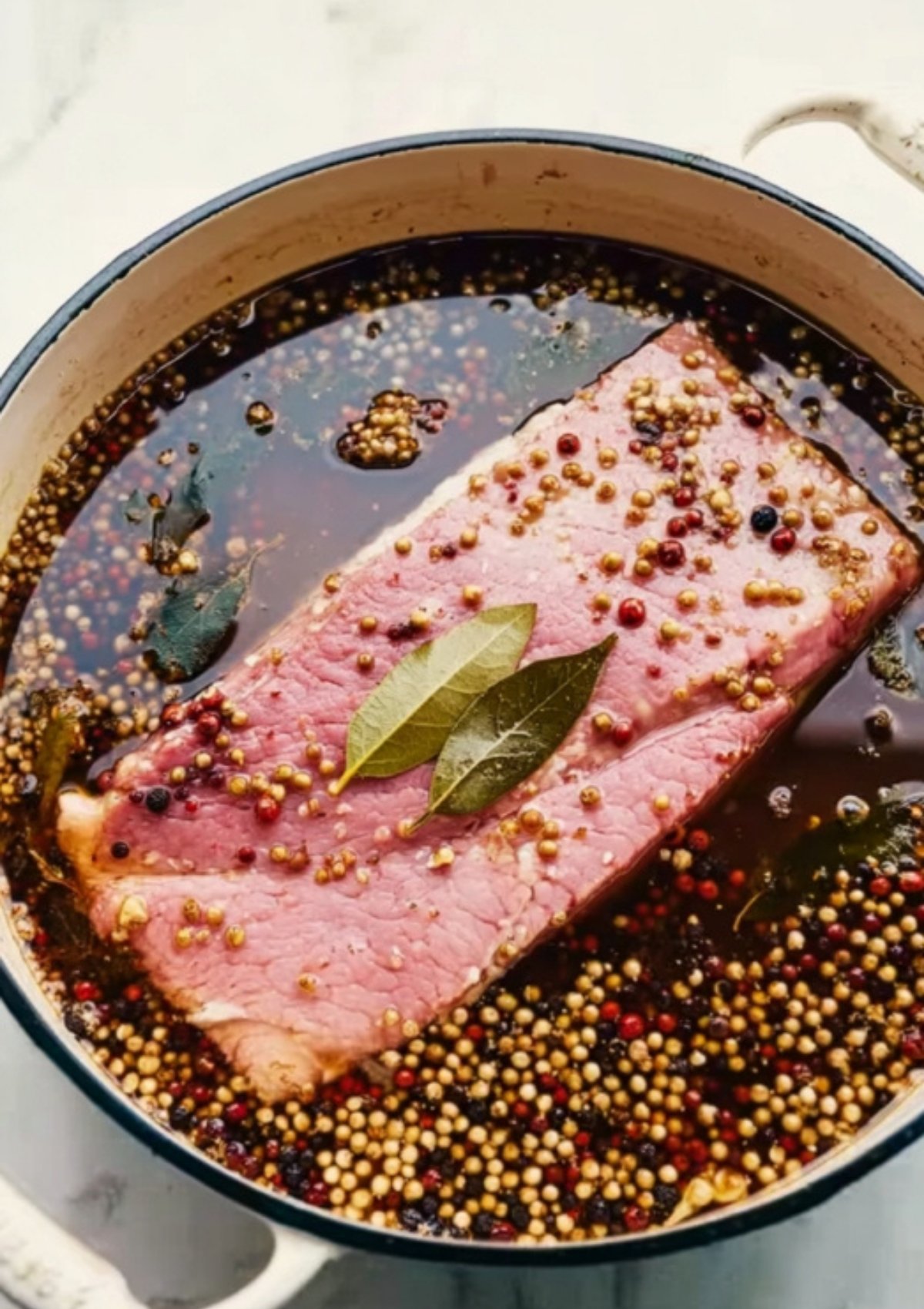 Brisket in a pot with pickling spices and bay leaves, showing the homemade brining process for traditional corned beef.