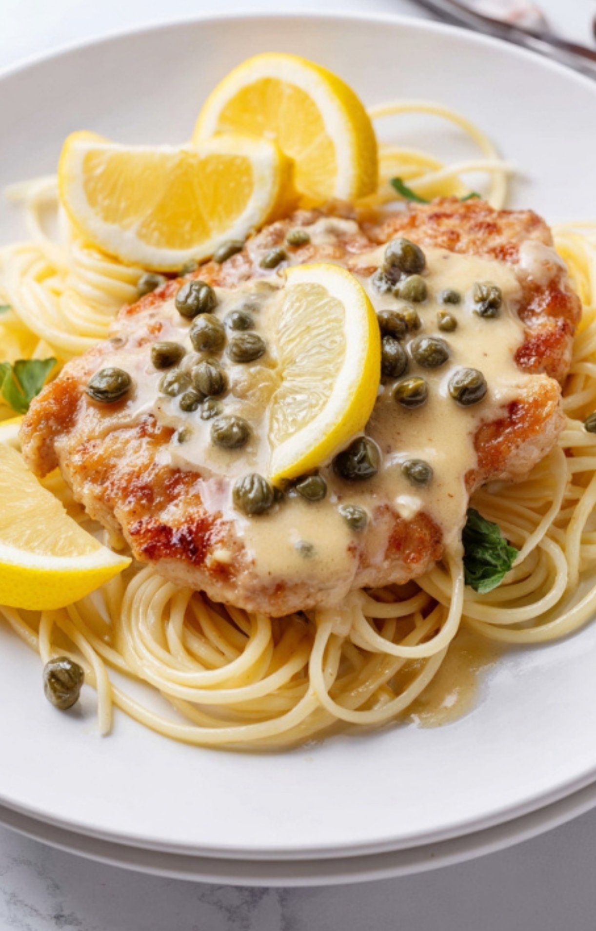 Tender veal scallopini served on spaghetti, topped with creamy lemon caper sauce and fresh lemon wedges. Easy Italian dinner idea for busy nights.