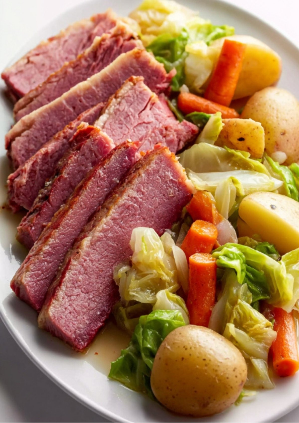 Slices of Instant Pot corned beef brisket served with cabbage, carrots, and potatoes on a white plate. Quick, classic, and perfect for busy nights or holidays.