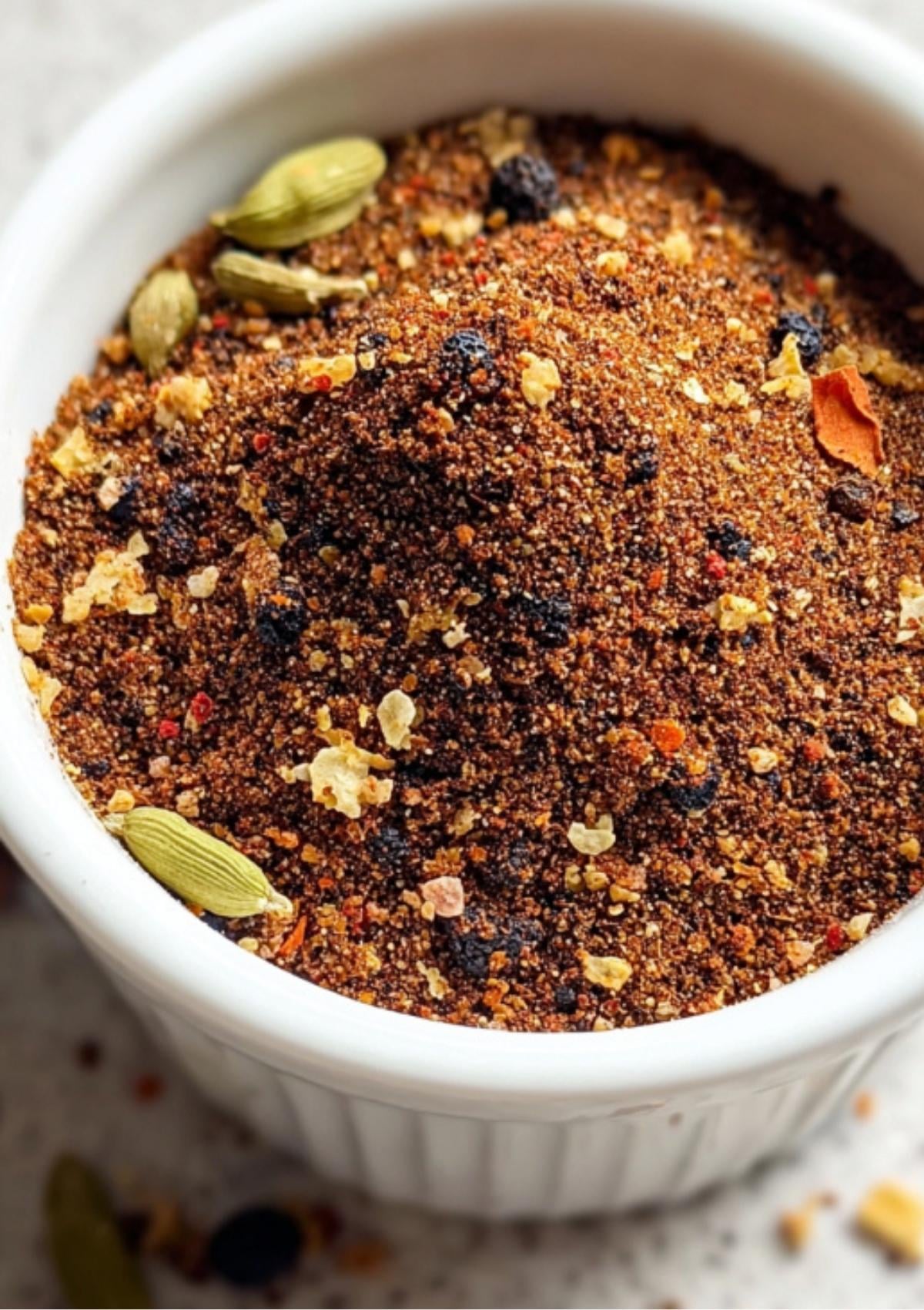 Close-up of homemade Corned Beef Spice Packet seasoning in a white bowl, showing ground spices, cardamom pods, and black peppercorns.