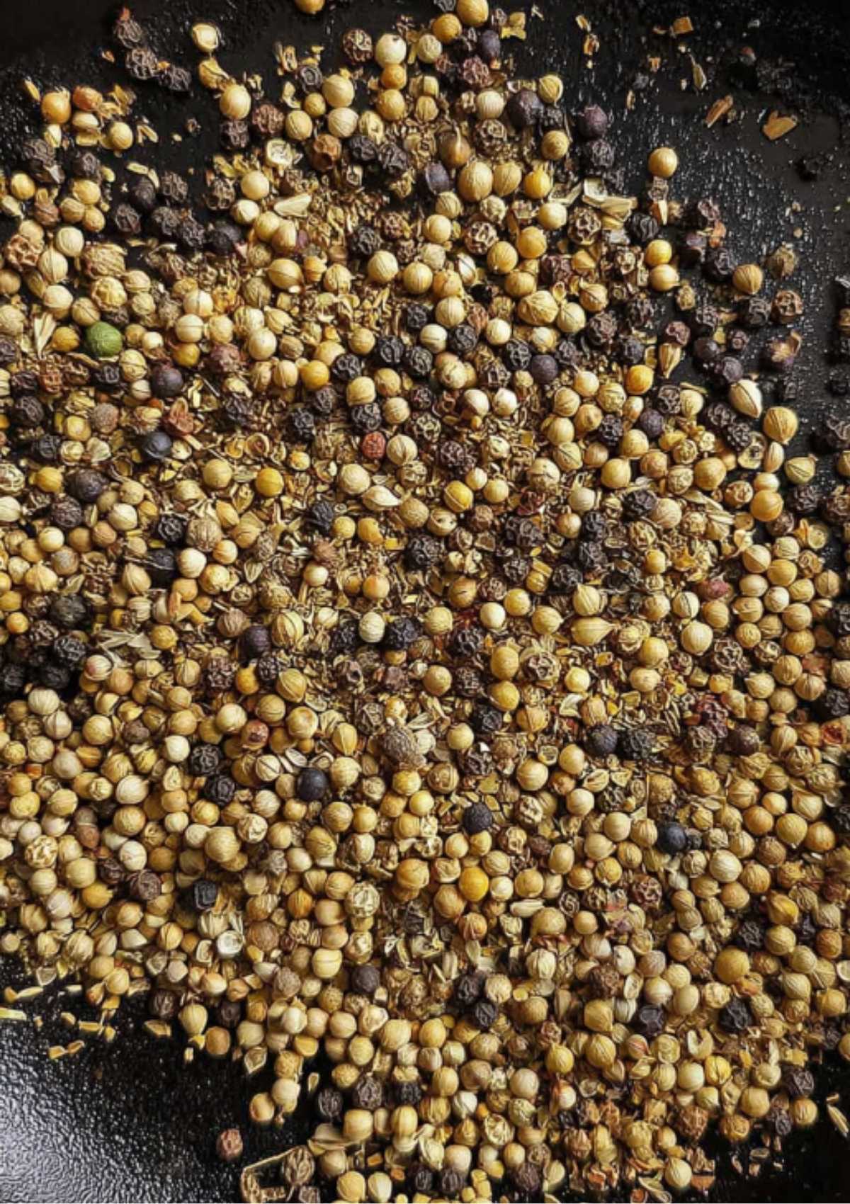 Closeup of whole spices including coriander, peppercorns, and mustard seeds toasting in a skillet for making a homemade Corned Beef Spice Packet.