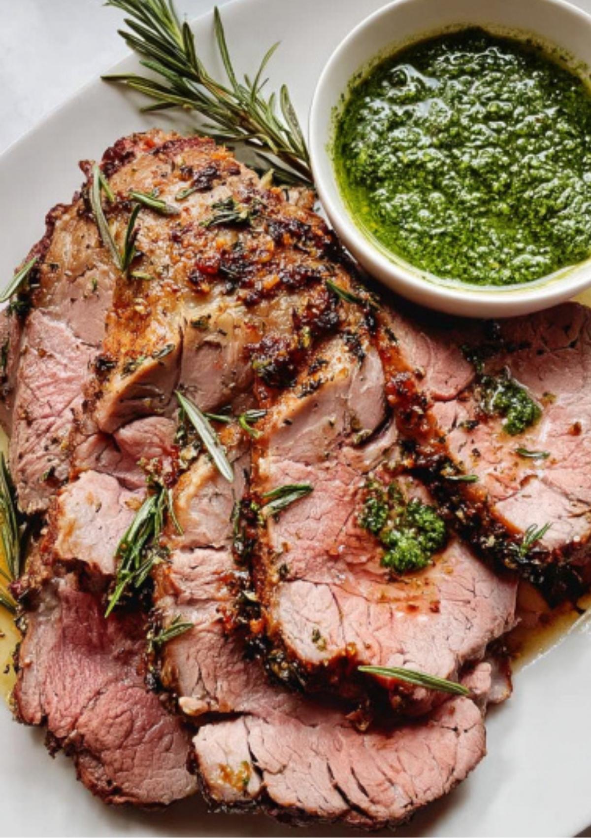 Sliced roast leg of lamb topped with garlic rosemary crust and served with green herb sauce on a white plate