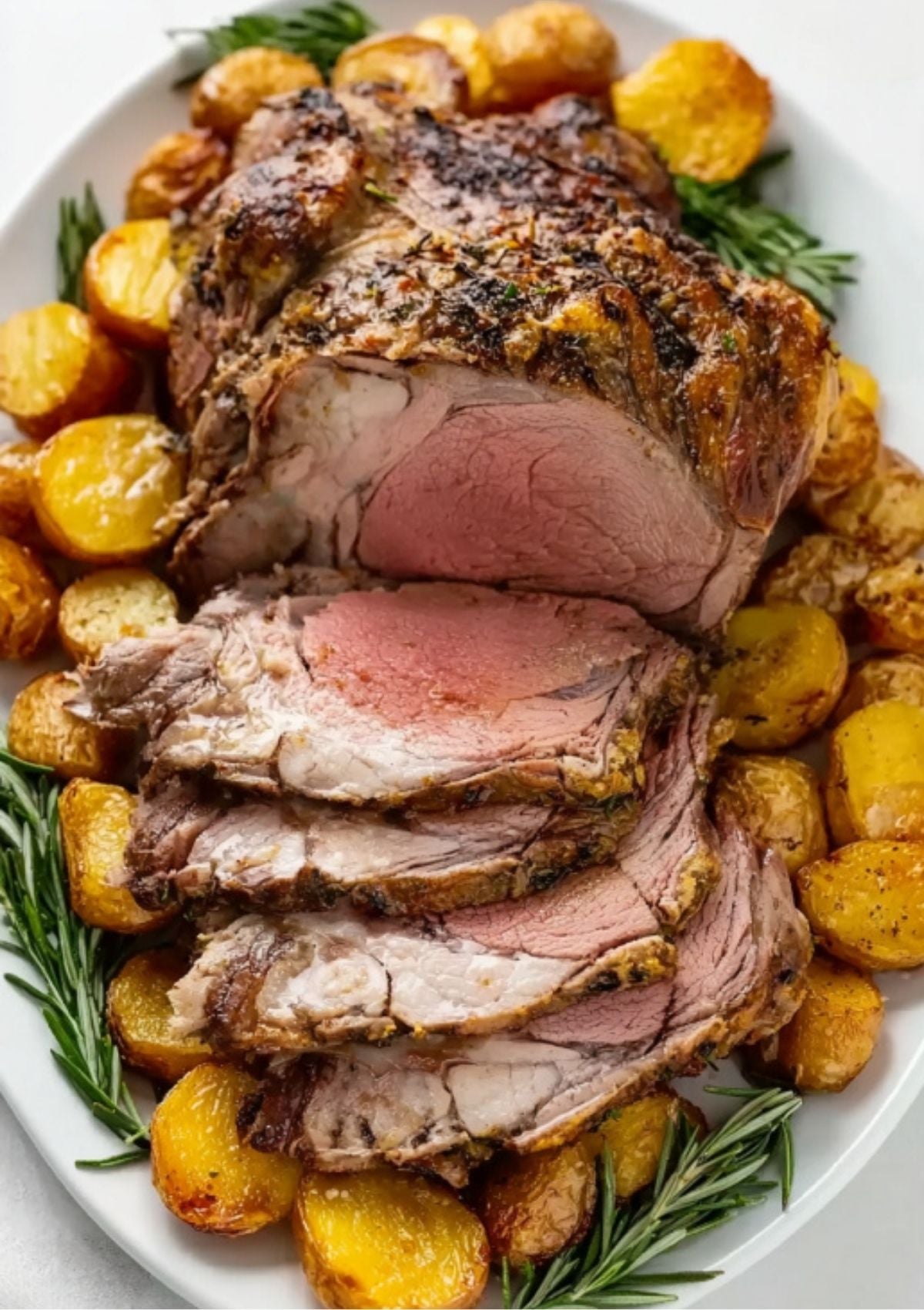 Sliced juicy boneless leg of lamb served on a white platter with golden roasted potatoes and fresh rosemary
