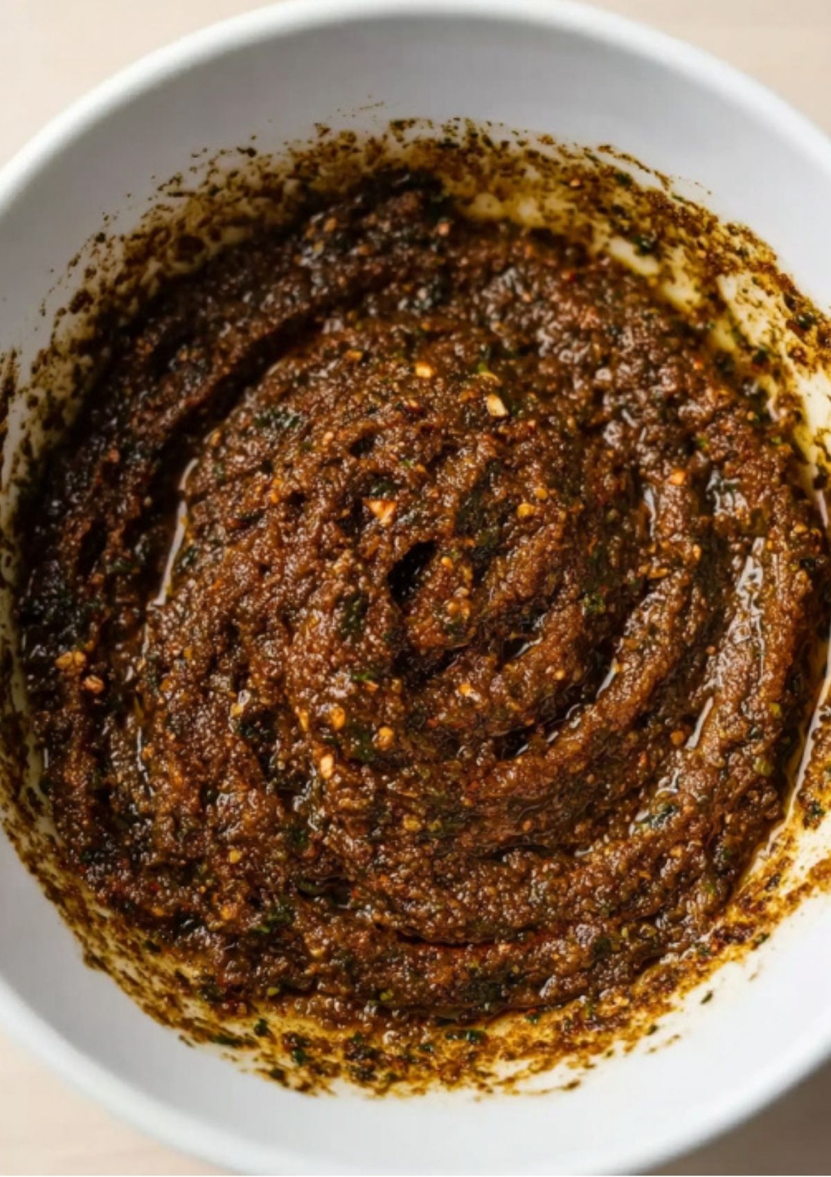 Close up of a bowl filled with thick, dark lamb marinade paste made from herbs, garlic, and spices