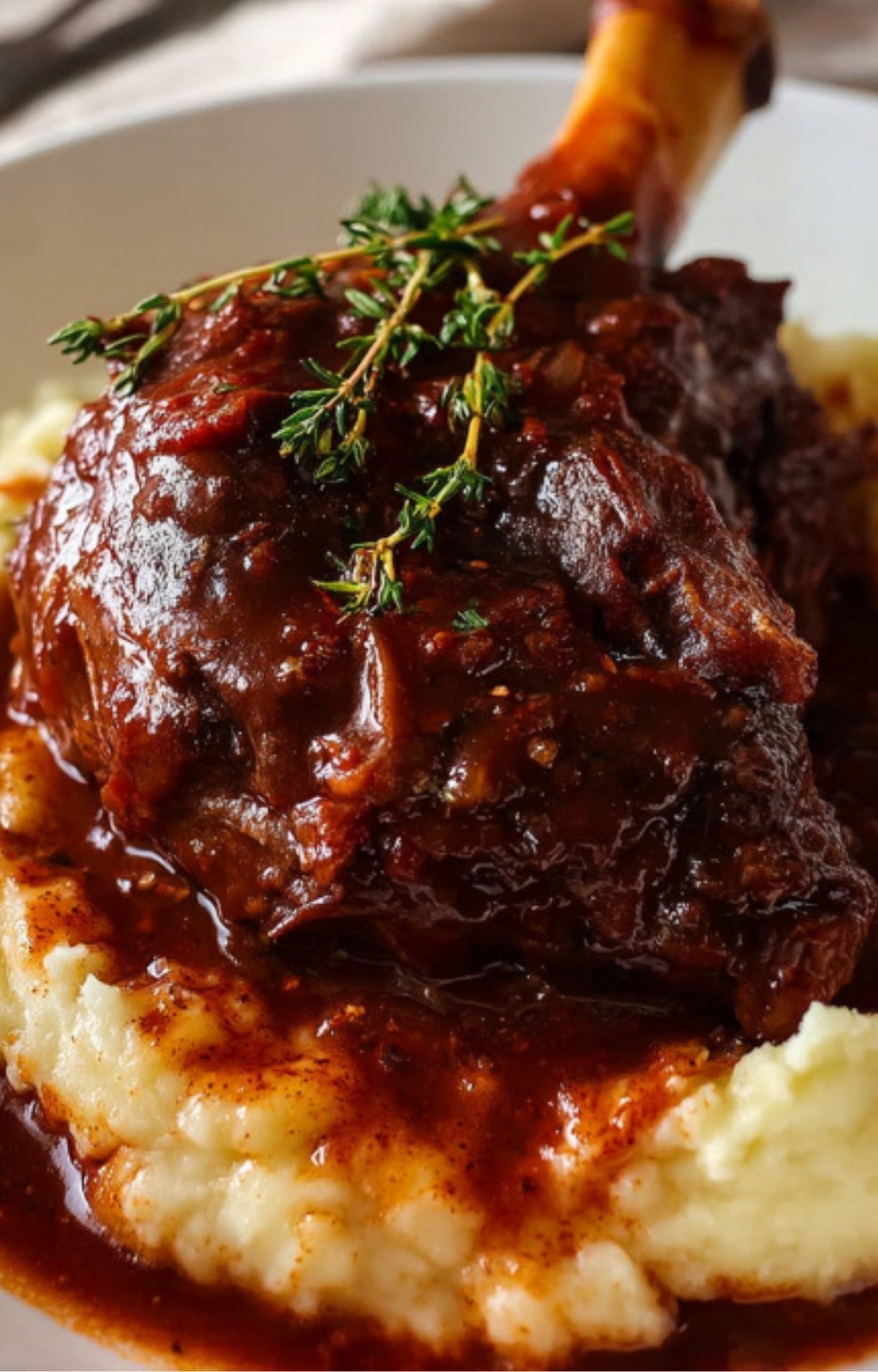 Close-up of lamb shank with rich sauce on mashed potatoes, garnished with fresh thyme.