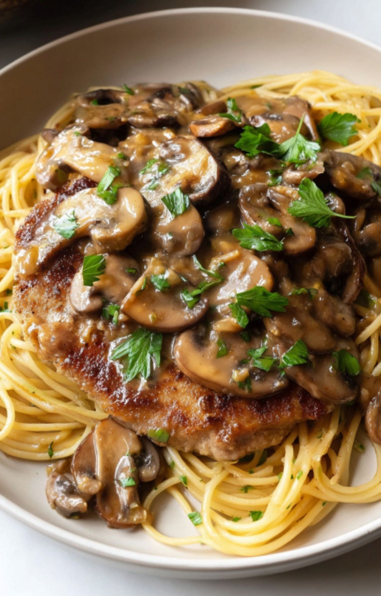 Veal scallopini served on top of spaghetti, covered in mushroom and parsley sauce, ready to eat.