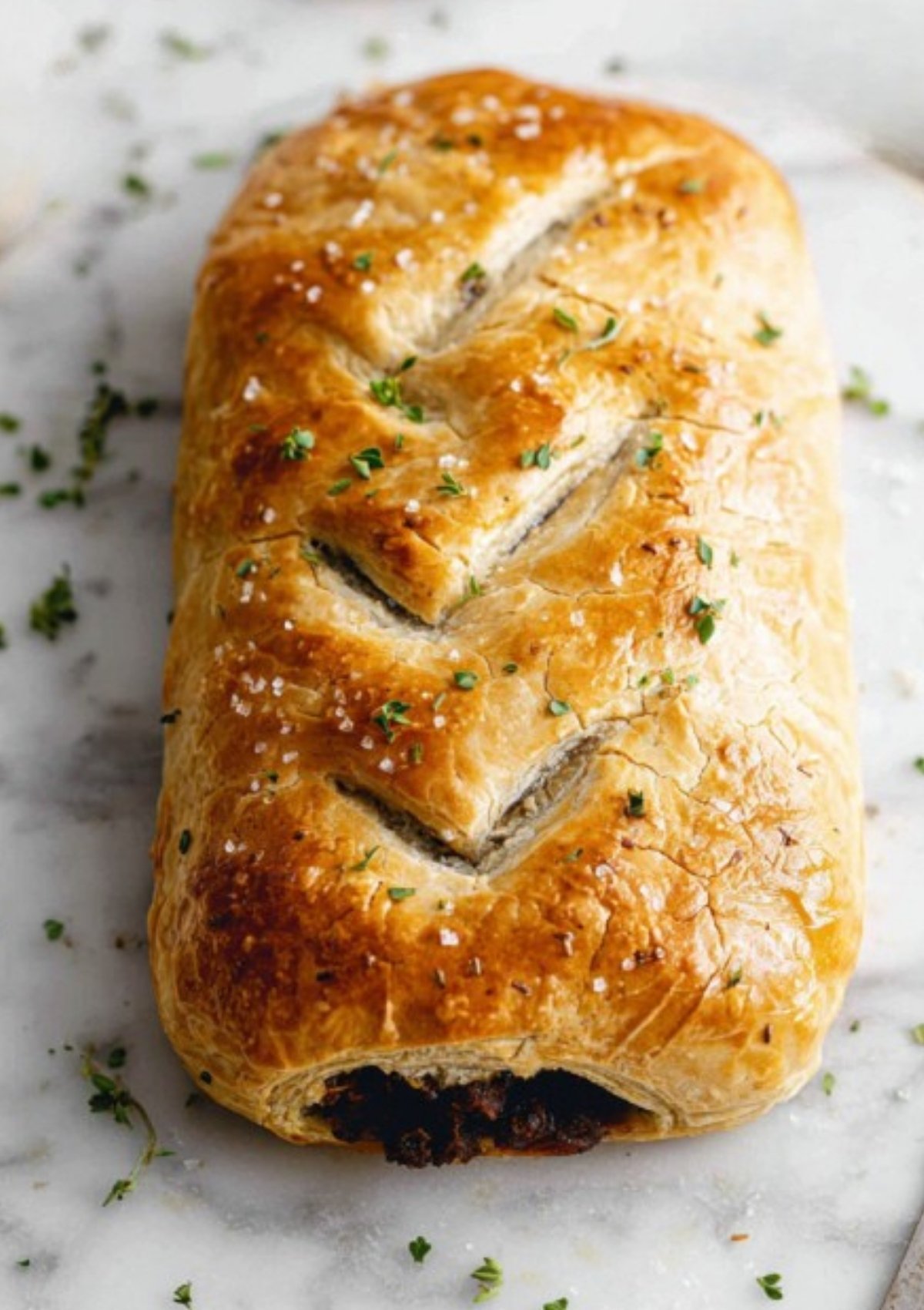 A whole baked vegan Wellington loaf with flaky, golden pastry and fresh herbs on top. The perfect vegan centerpiece for holiday celebrations and special dinners.