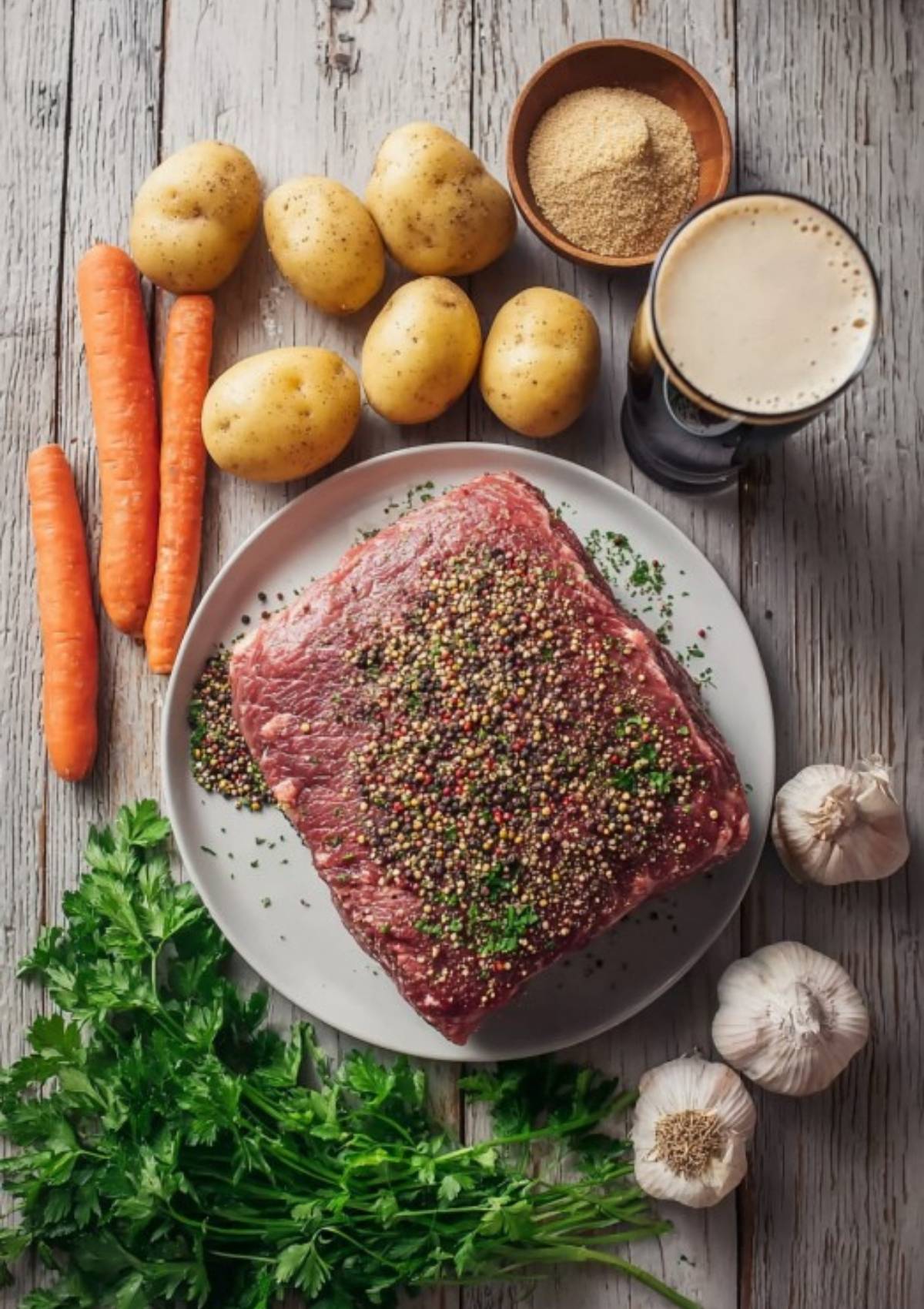 Fresh ingredients for crockpot corned beef: uncooked brisket, carrots, potatoes, parsley, garlic, brown sugar, and a glass of Guinness on a rustic table. Perfect for meal prep or holiday dinners.