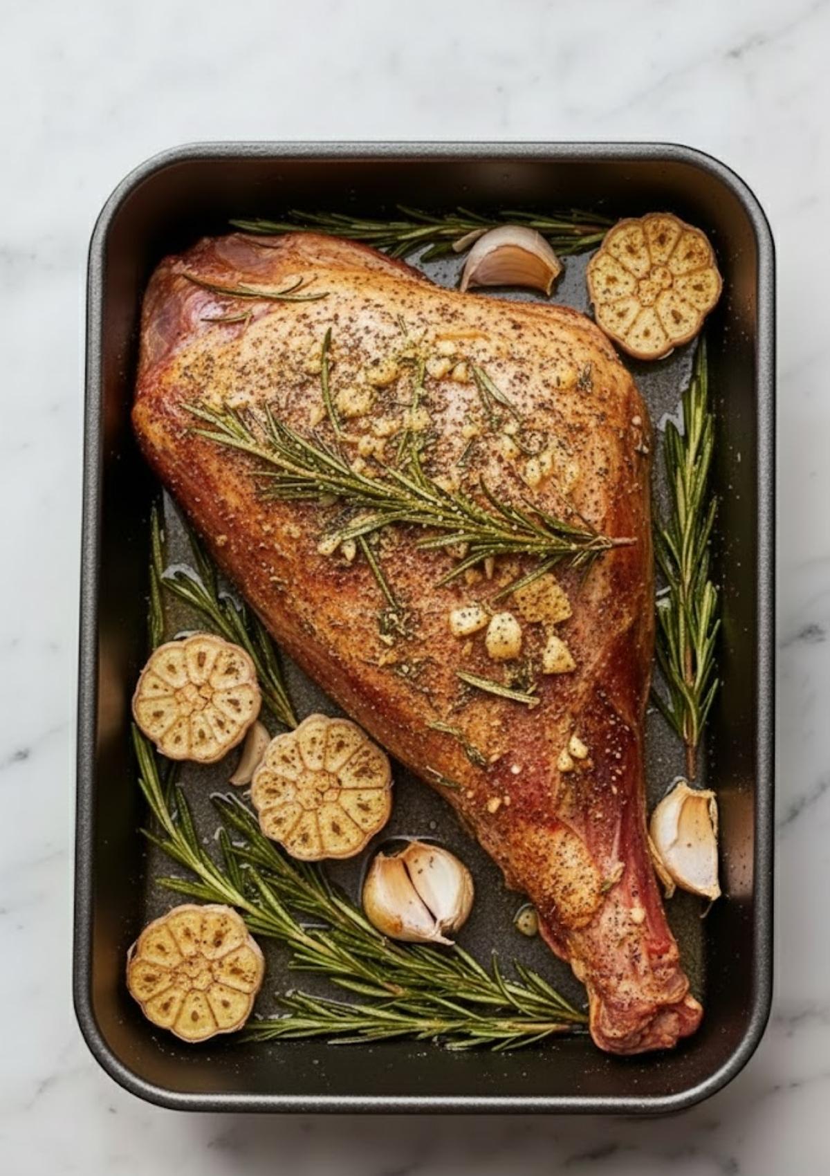 Roasted leg of lamb with garlic and rosemary resting in a roasting pan