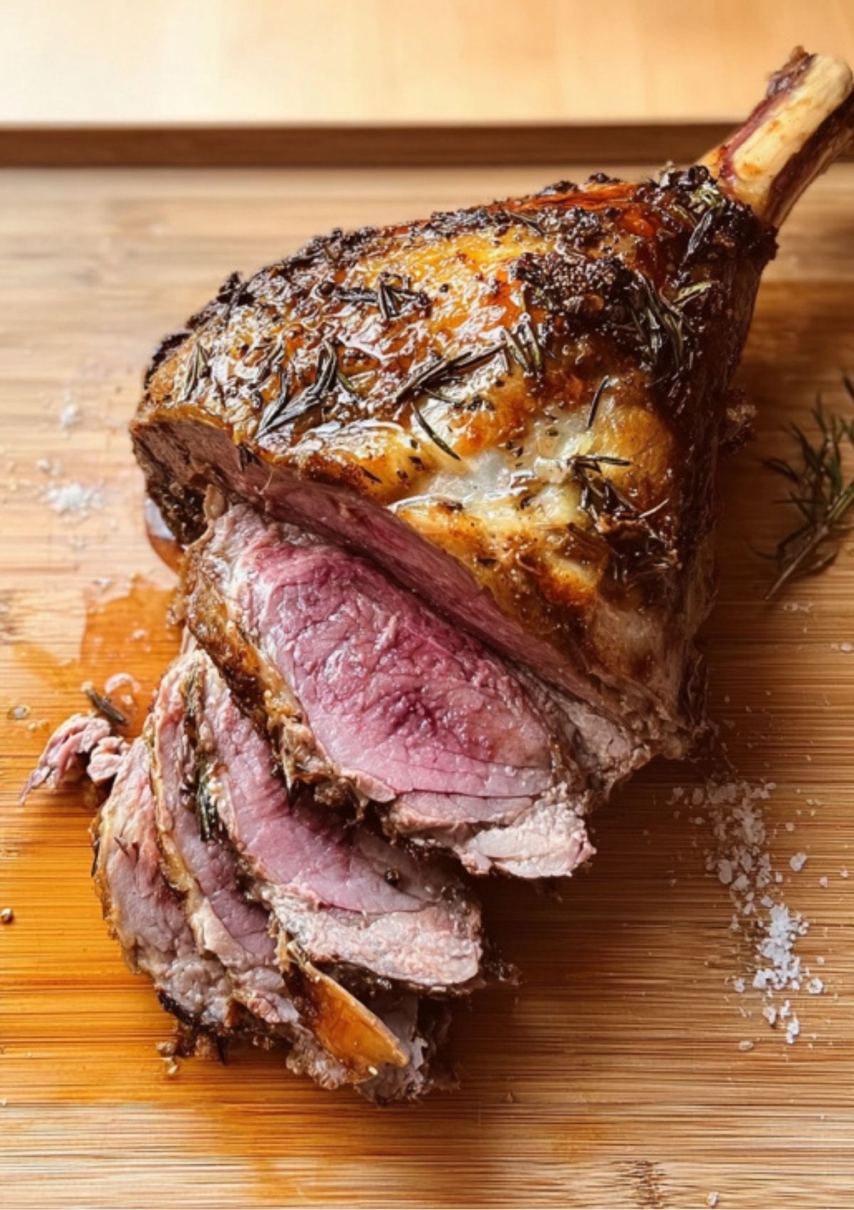 Juicy sliced roast leg of lamb on a wooden cutting board