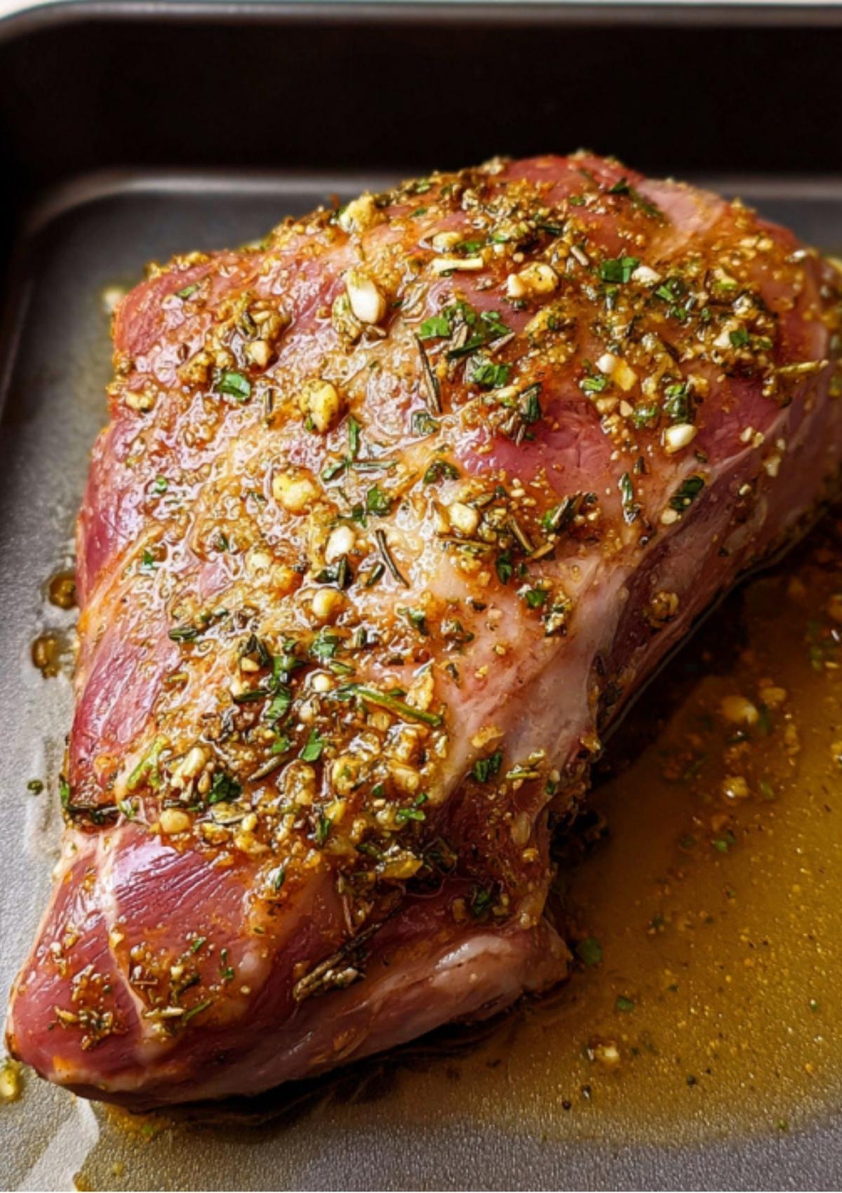 Raw leg of lamb sitting in a roasting pan, coated with a garlic herb marinade before baking.